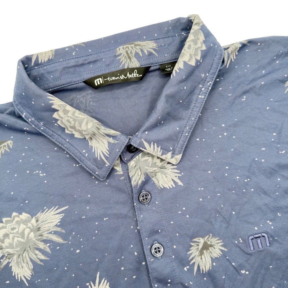 TravisMathew Polo Shirt Men's XXL‎ Blue Floral Speckled Short Sleeve Golf Top